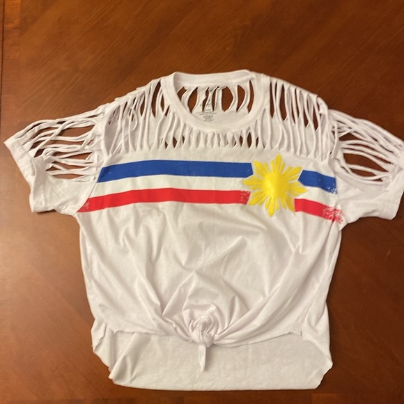 Kamisa Shredded Distressed T Shirt Sunburst Red White & Blue Large - Picture 3 of 11